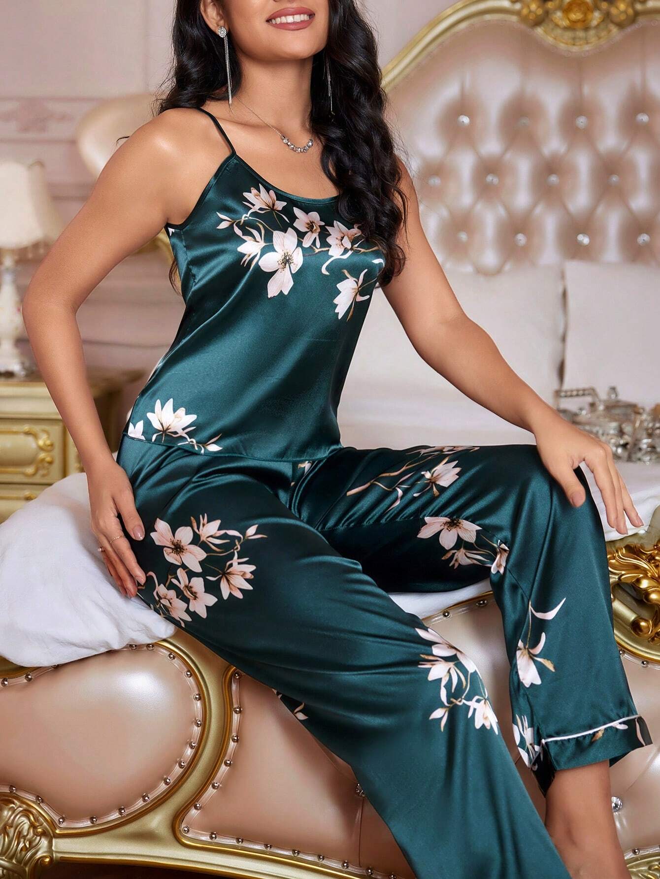  | SHEIN LuxeNights Floral Print Satin Cami Top & Pants PJ Set / Pajama Set | Night Dress | Shein | OneHub