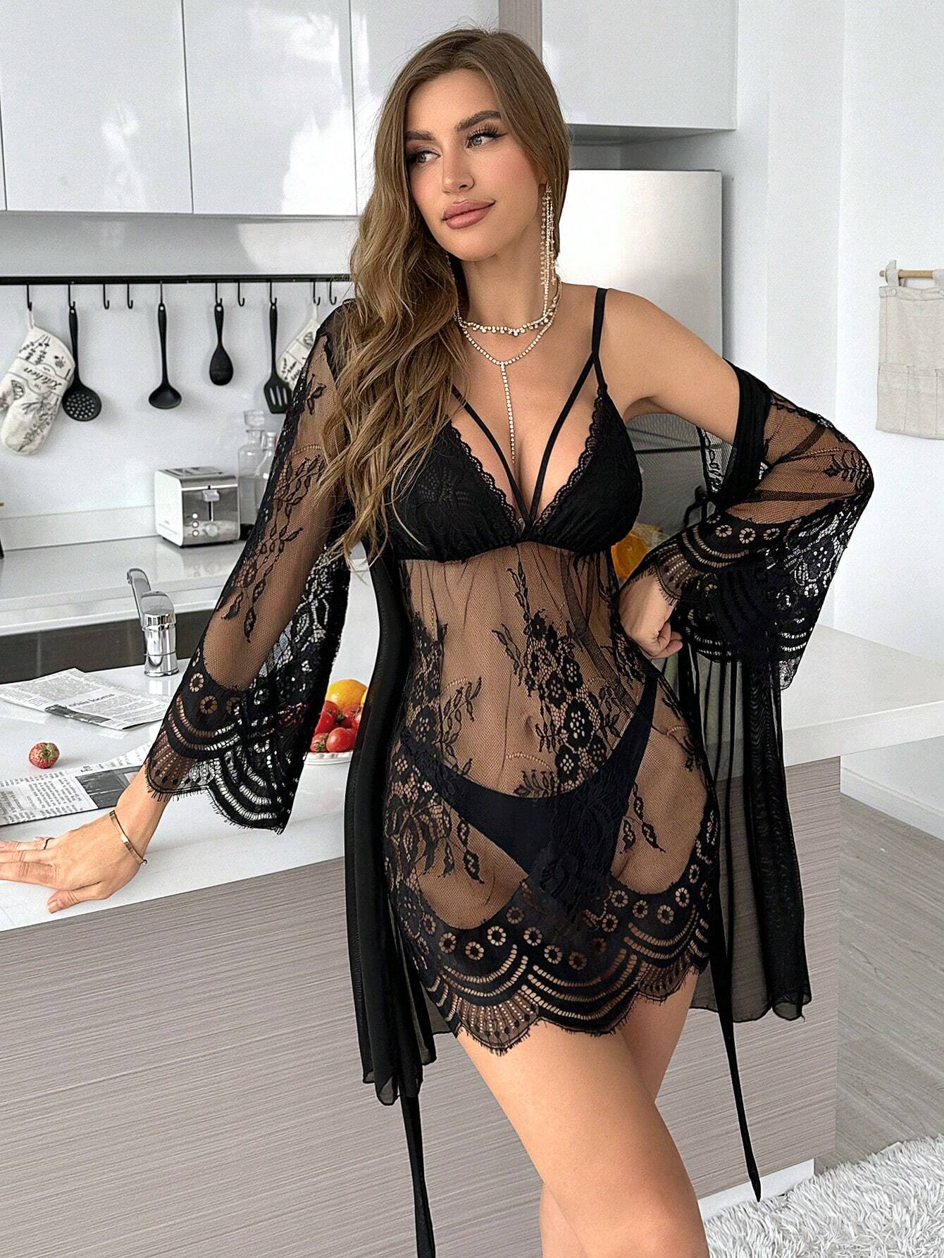 SHEIN SilkySpell Ladies' Sexy Lace & Mesh Perspective Robe And Strap Dress Set