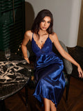 SHEIN SilkySpell Women's Backless Lace Trim Faux Silk Camisole Nightgown Lingerie Gown Blue Lingerie Dress Spaghetti Strap Night Gown Lace Night Gown