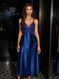 SHEIN SilkySpell Women's Backless Lace Trim Faux Silk Camisole Nightgown Lingerie Gown Blue Lingerie Dress Spaghetti Strap Night Gown Lace Night Gown