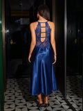 SHEIN SilkySpell Women's Backless Lace Trim Faux Silk Camisole Nightgown Lingerie Gown Blue Lingerie Dress Spaghetti Strap Night Gown Lace Night Gown