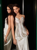 SHEIN SilkySpell Women's Sexy Deep V Hollow Out Lace Splice Beige Maxi Dress, Backless Faux Silk Camisole Nightgown