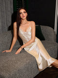 SHEIN SilkySpell Women's Sexy Deep V Hollow Out Lace Splice Beige Maxi Dress, Backless Faux Silk Camisole Nightgown