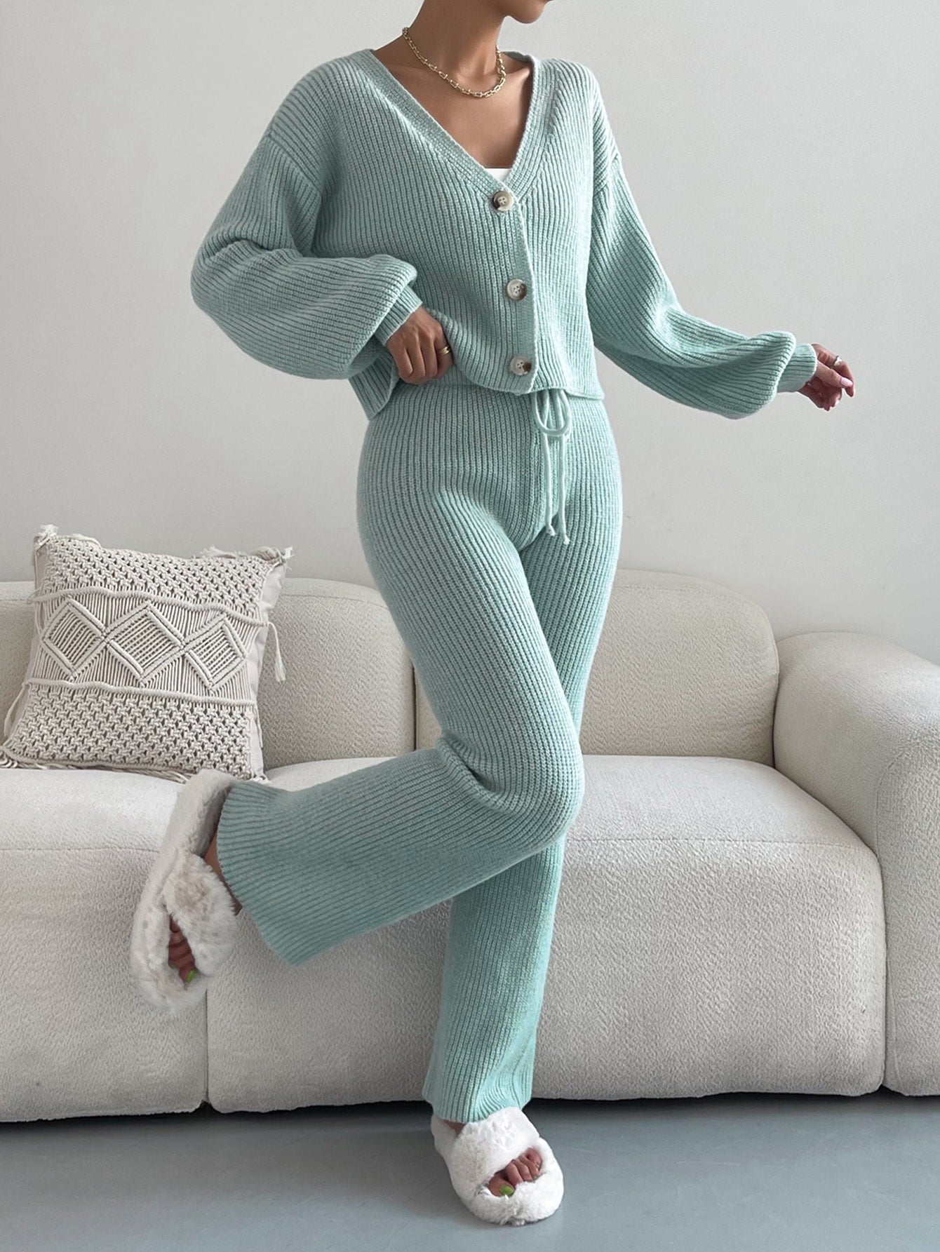  | SHEIN Single Breasted Drop Shoulder Cardigan & Tie Front Knit Pants | Top and Pant Set | Shein | OneHub