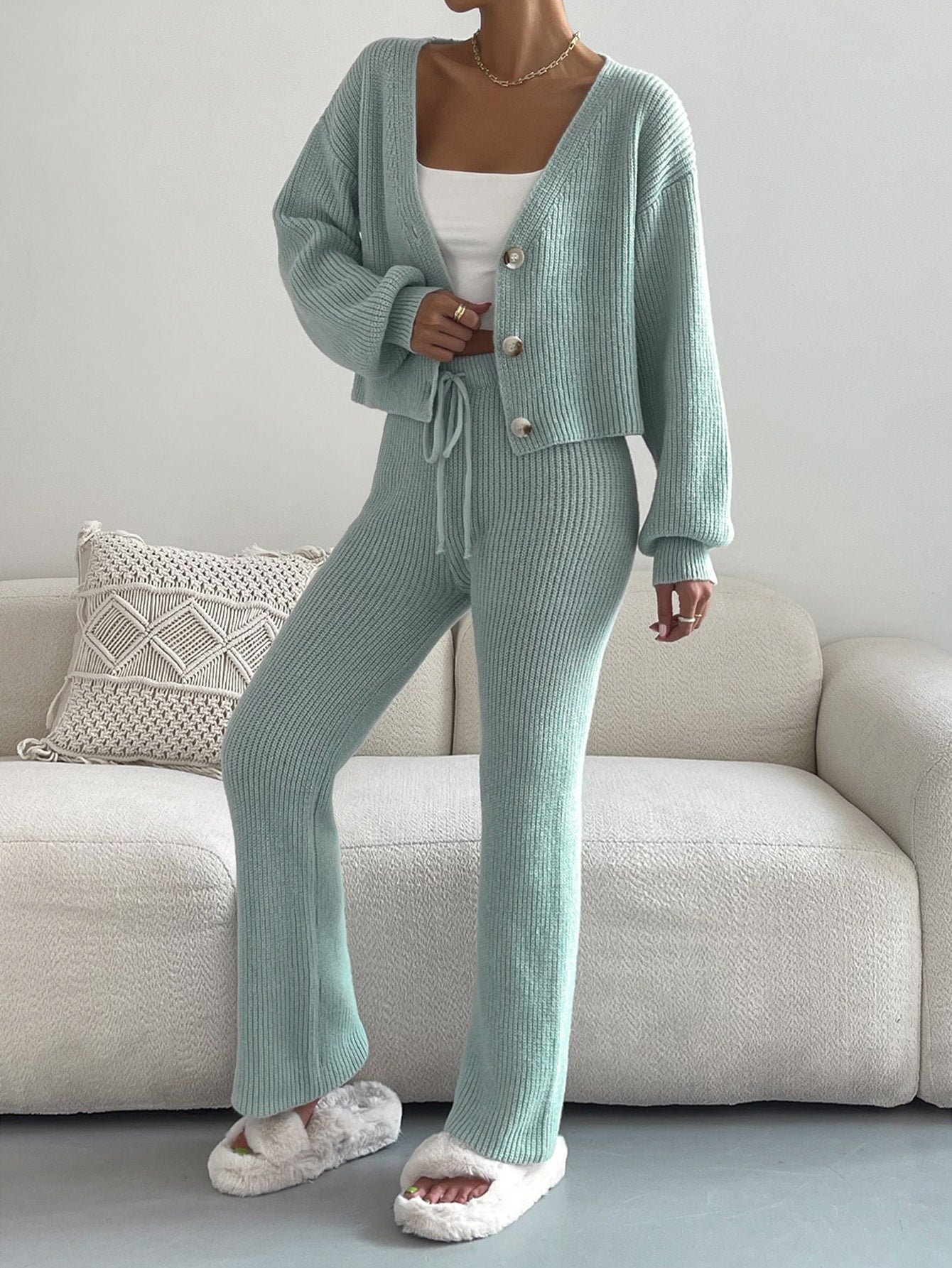  | SHEIN Single Breasted Drop Shoulder Cardigan & Tie Front Knit Pants | Top and Pant Set | Shein | OneHub