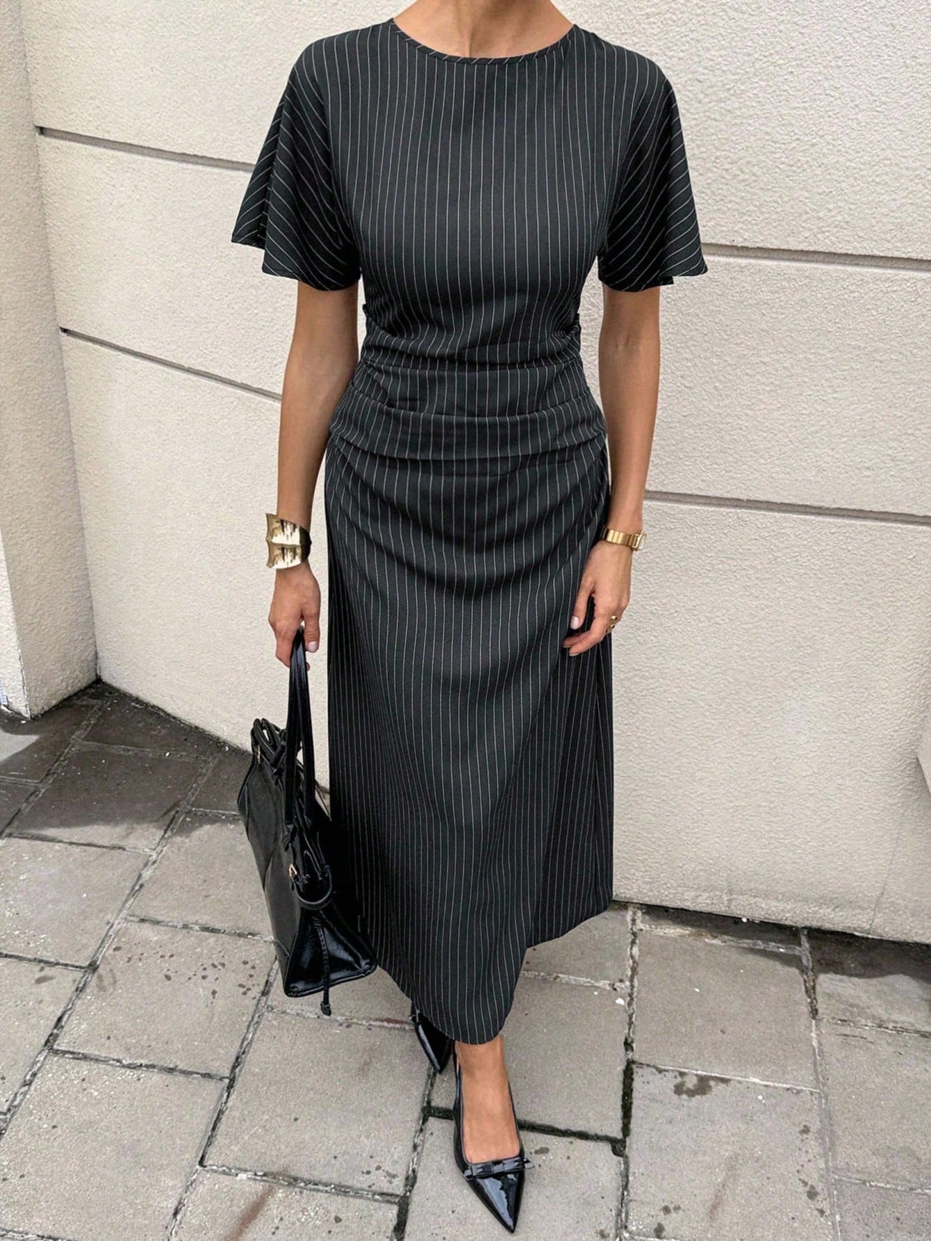 SHEIN Siren Gaze New Commuter Striped Dress For Women, Waisted A-Line Casual Commuter Wear, Elegant And Exquisite Commuter Long Skirt, Old Money Style Wear,Stockholm Style ,Fall Women Clothes