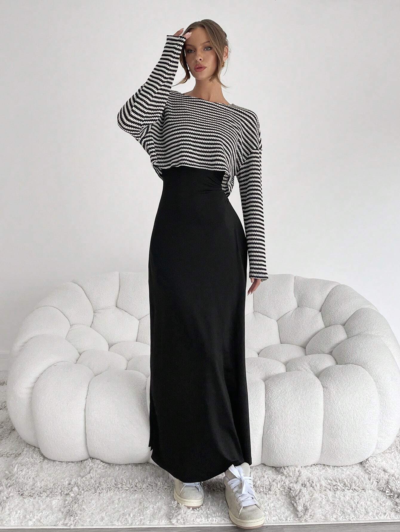 SHEIN Siren Gaze Two Pieces Fall Outfits Knitted 2 Pieces/Set Women's Striped Printed Round Neck Long Sleeve Top And Black Sleeveless Dress