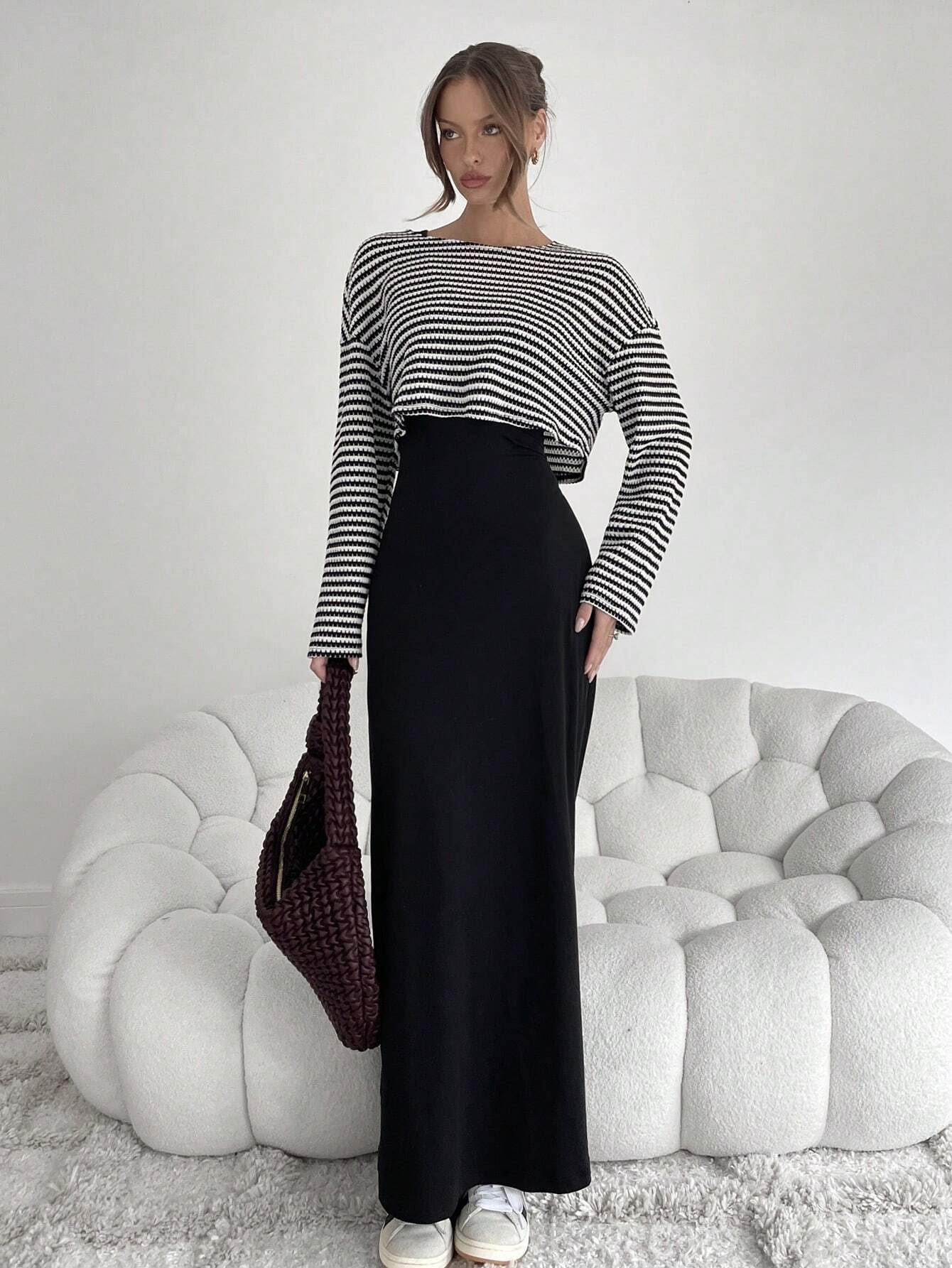 SHEIN Siren Gaze Two Pieces Fall Outfits Knitted 2 Pieces/Set Women's Striped Printed Round Neck Long Sleeve Top And Black Sleeveless Dress