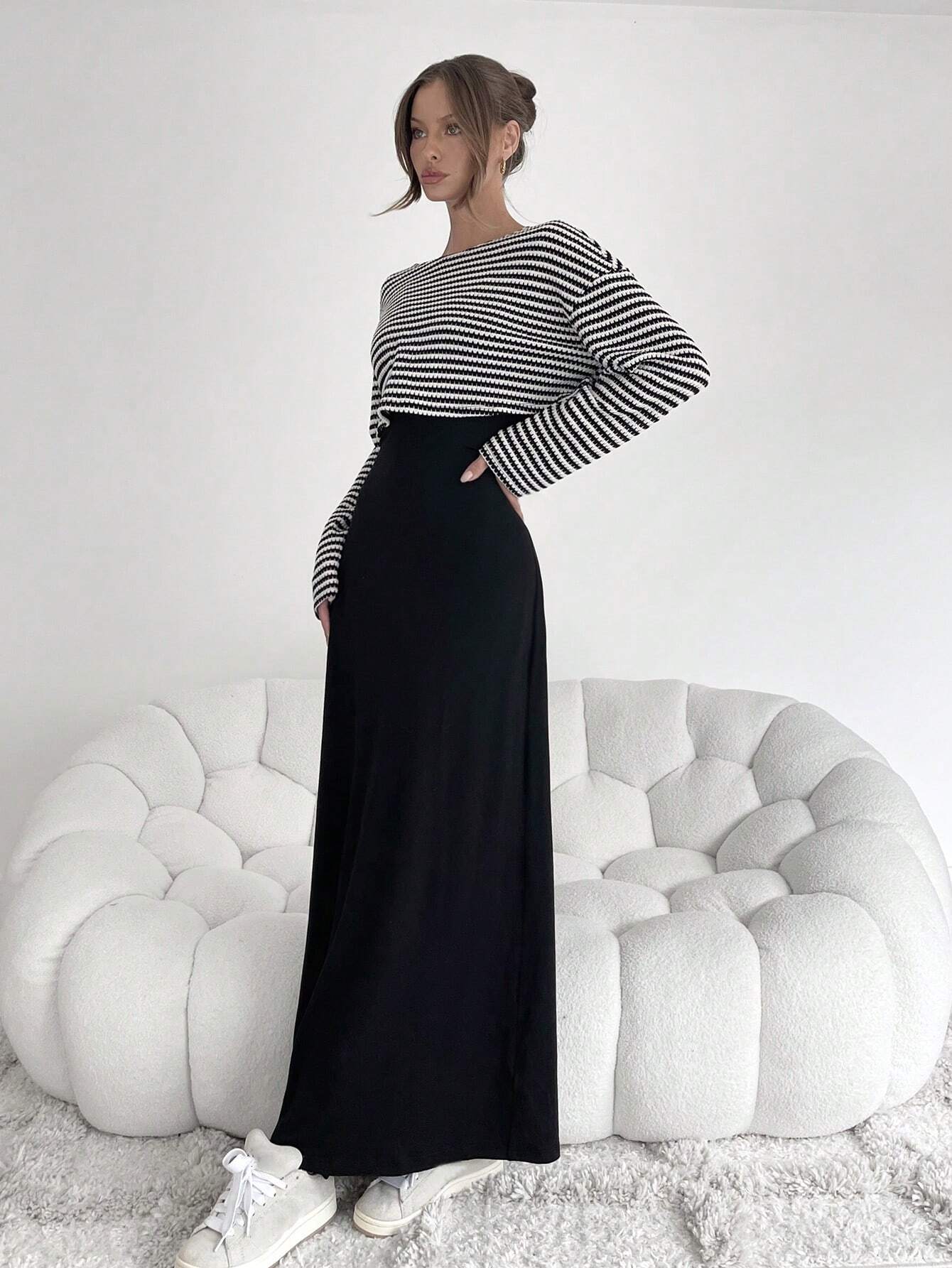 SHEIN Siren Gaze Two Pieces Fall Outfits Knitted 2 Pieces/Set Women's Striped Printed Round Neck Long Sleeve Top And Black Sleeveless Dress
