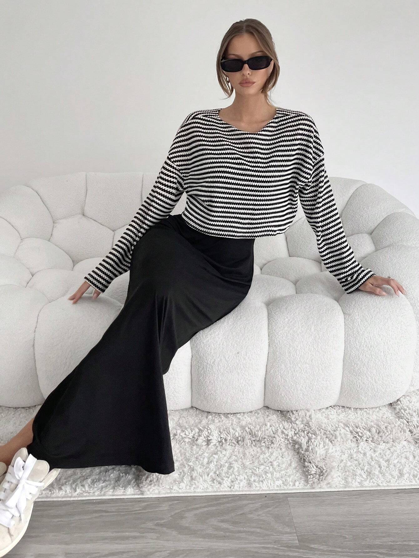 SHEIN Siren Gaze Two Pieces Fall Outfits Knitted 2 Pieces/Set Women's Striped Printed Round Neck Long Sleeve Top And Black Sleeveless Dress