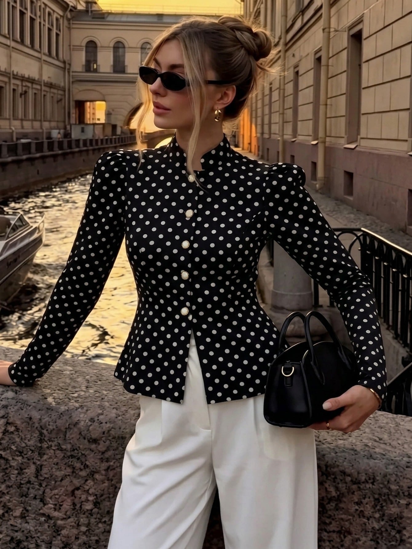 SHEIN Siren Gaze Women's Black And White Polka Dot Long Sleeve Stand Collar Front Button Short Jacket, Suitable For Casual Elegant, Work Office And Daily Wear Autumn