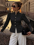 SHEIN Siren Gaze Women's Black And White Polka Dot Long Sleeve Stand Collar Front Button Short Jacket, Suitable For Casual Elegant, Work Office And Daily Wear Autumn