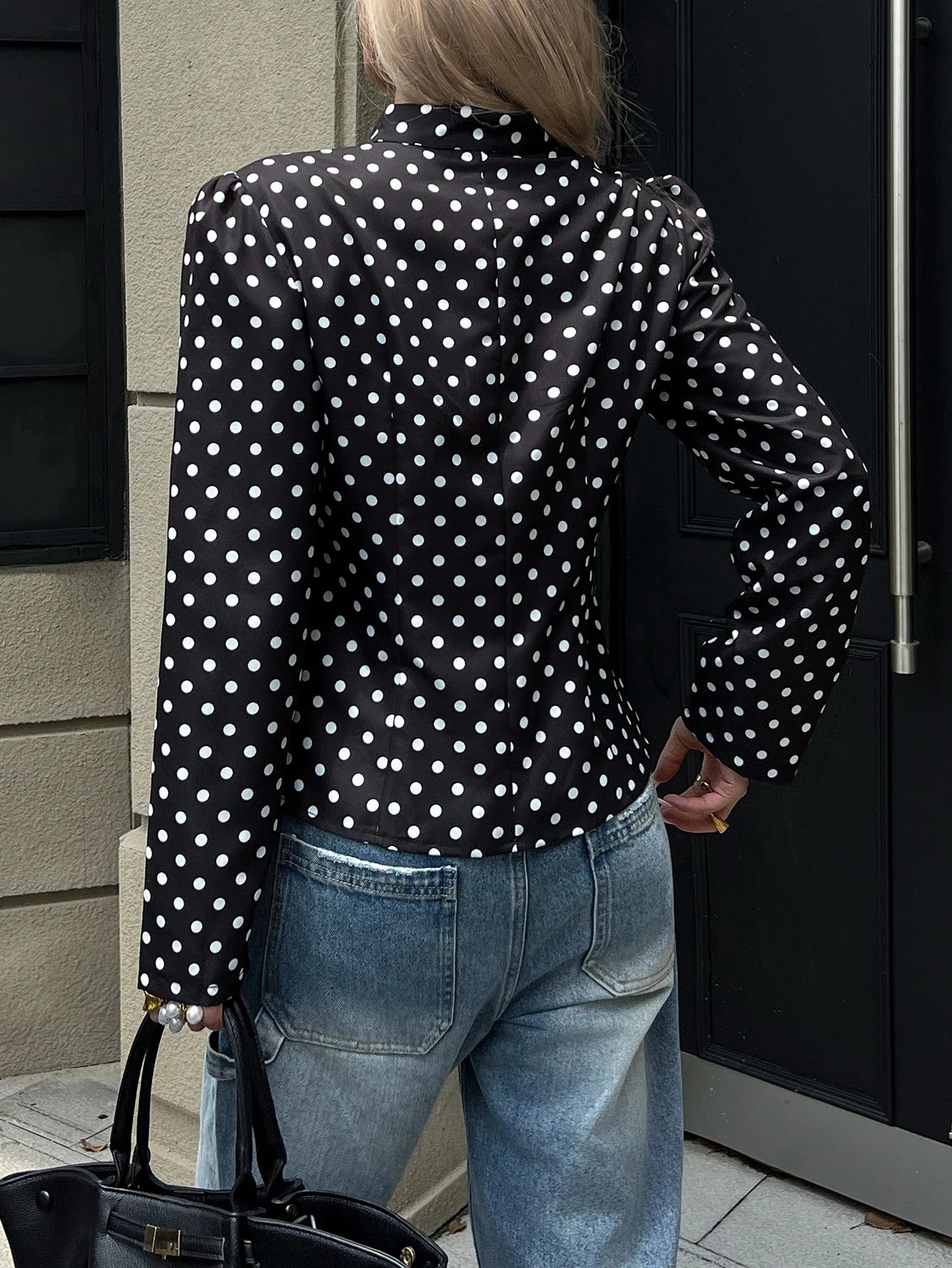 SHEIN Siren Gaze Women's Black And White Polka Dot Long Sleeve Stand Collar Front Button Short Jacket, Suitable For Casual Elegant, Work Office And Daily Wear Autumn
