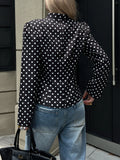 SHEIN Siren Gaze Women's Black And White Polka Dot Long Sleeve Stand Collar Front Button Short Jacket, Suitable For Casual Elegant, Work Office And Daily Wear Autumn