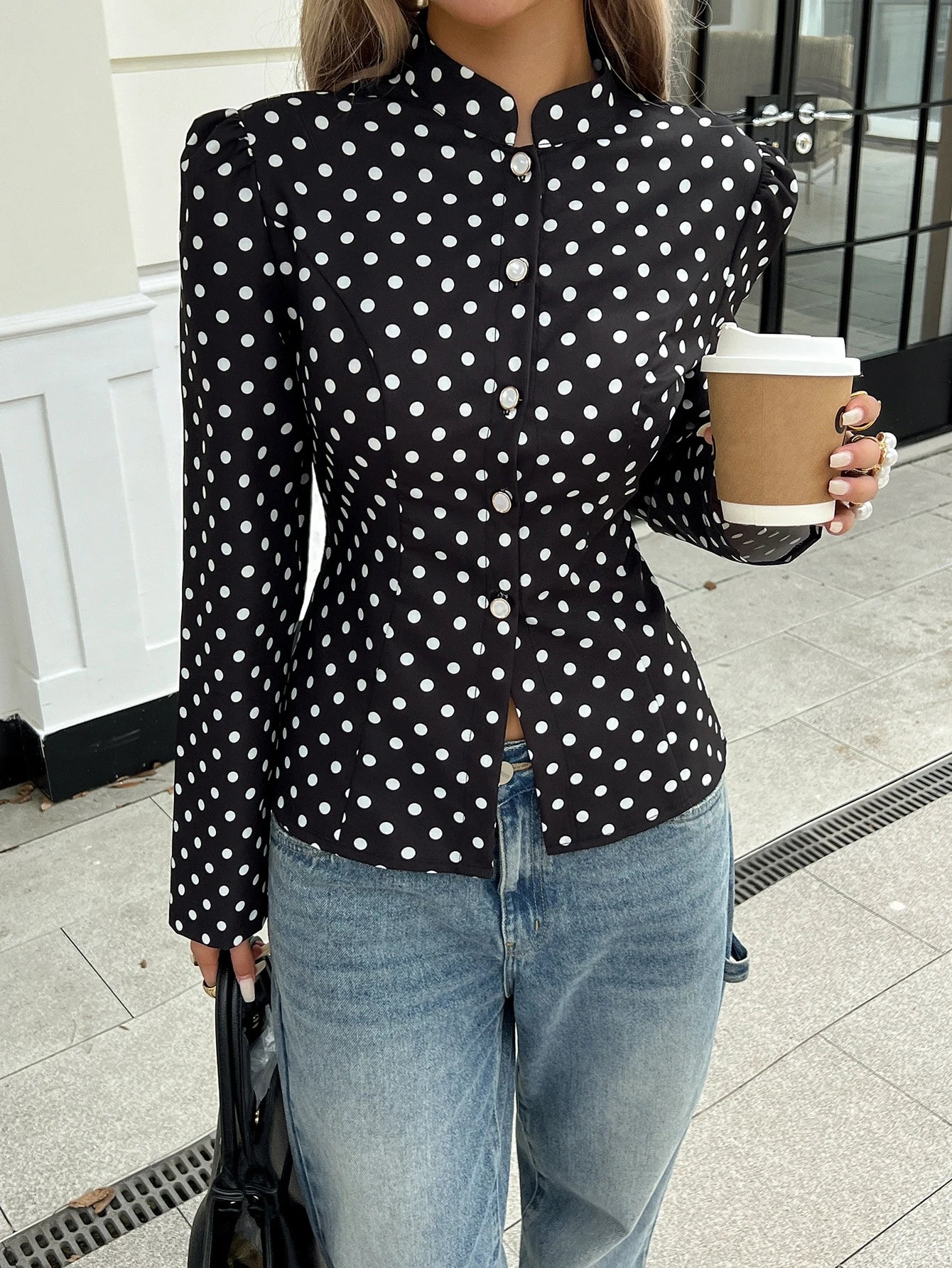 SHEIN Siren Gaze Women's Black And White Polka Dot Long Sleeve Stand Collar Front Button Short Jacket, Suitable For Casual Elegant, Work Office And Daily Wear Autumn