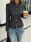 SHEIN Siren Gaze Women's Black And White Polka Dot Long Sleeve Stand Collar Front Button Short Jacket, Suitable For Casual Elegant, Work Office And Daily Wear Autumn
