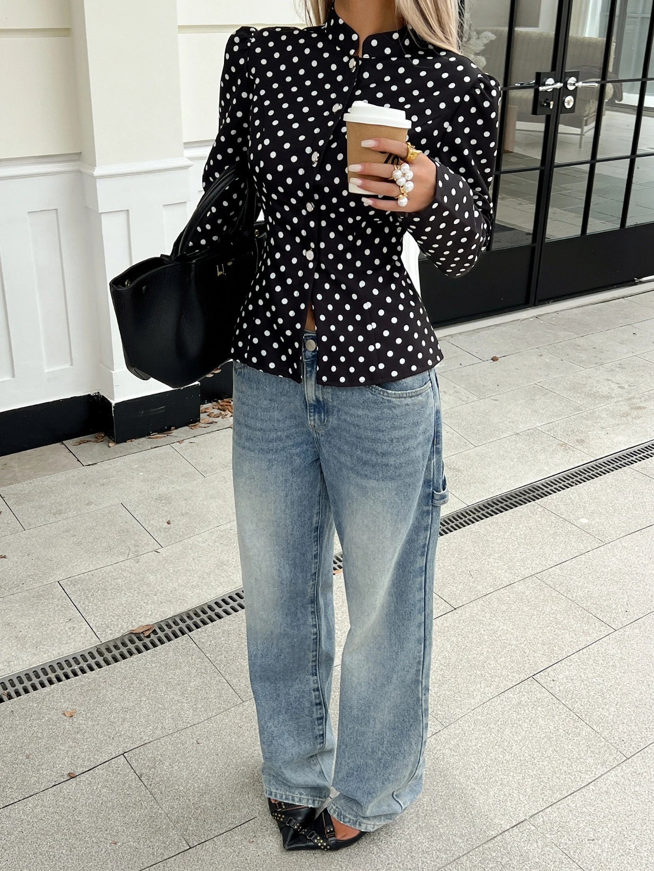 SHEIN Siren Gaze Women's Black And White Polka Dot Long Sleeve Stand Collar Front Button Short Jacket, Suitable For Casual Elegant, Work Office And Daily Wear Autumn