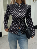 SHEIN Siren Gaze Women's Black And White Polka Dot Long Sleeve Stand Collar Front Button Short Jacket, Suitable For Casual Elegant, Work Office And Daily Wear Autumn