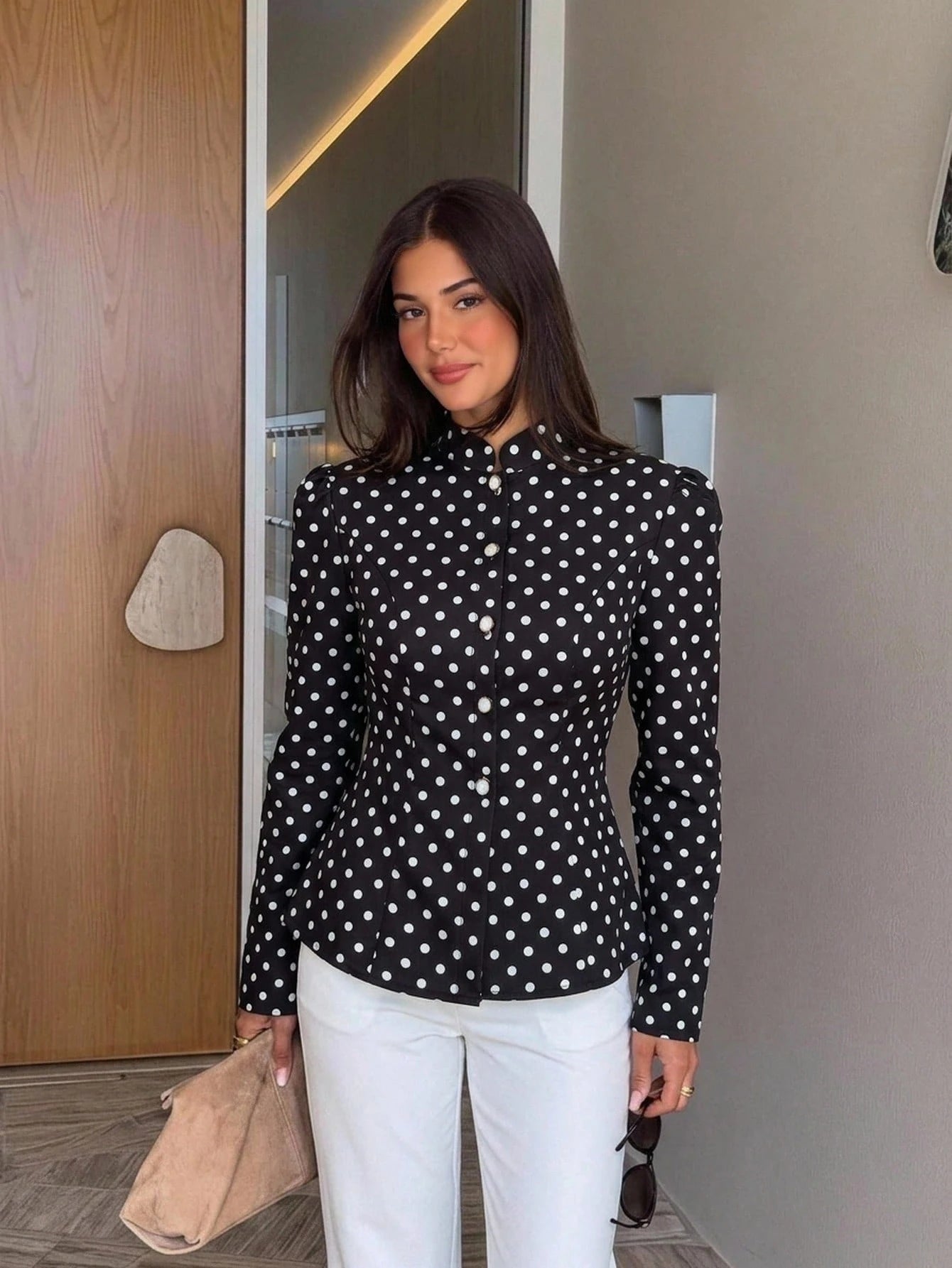 SHEIN Siren Gaze Women's Black And White Polka Dot Long Sleeve Stand Collar Front Button Short Jacket, Suitable For Casual Elegant, Work Office And Daily Wear Autumn