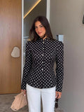 SHEIN Siren Gaze Women's Black And White Polka Dot Long Sleeve Stand Collar Front Button Short Jacket, Suitable For Casual Elegant, Work Office And Daily Wear Autumn