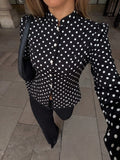 SHEIN Siren Gaze Women's Black And White Polka Dot Long Sleeve Stand Collar Front Button Short Jacket, Suitable For Casual Elegant, Work Office And Daily Wear Autumn