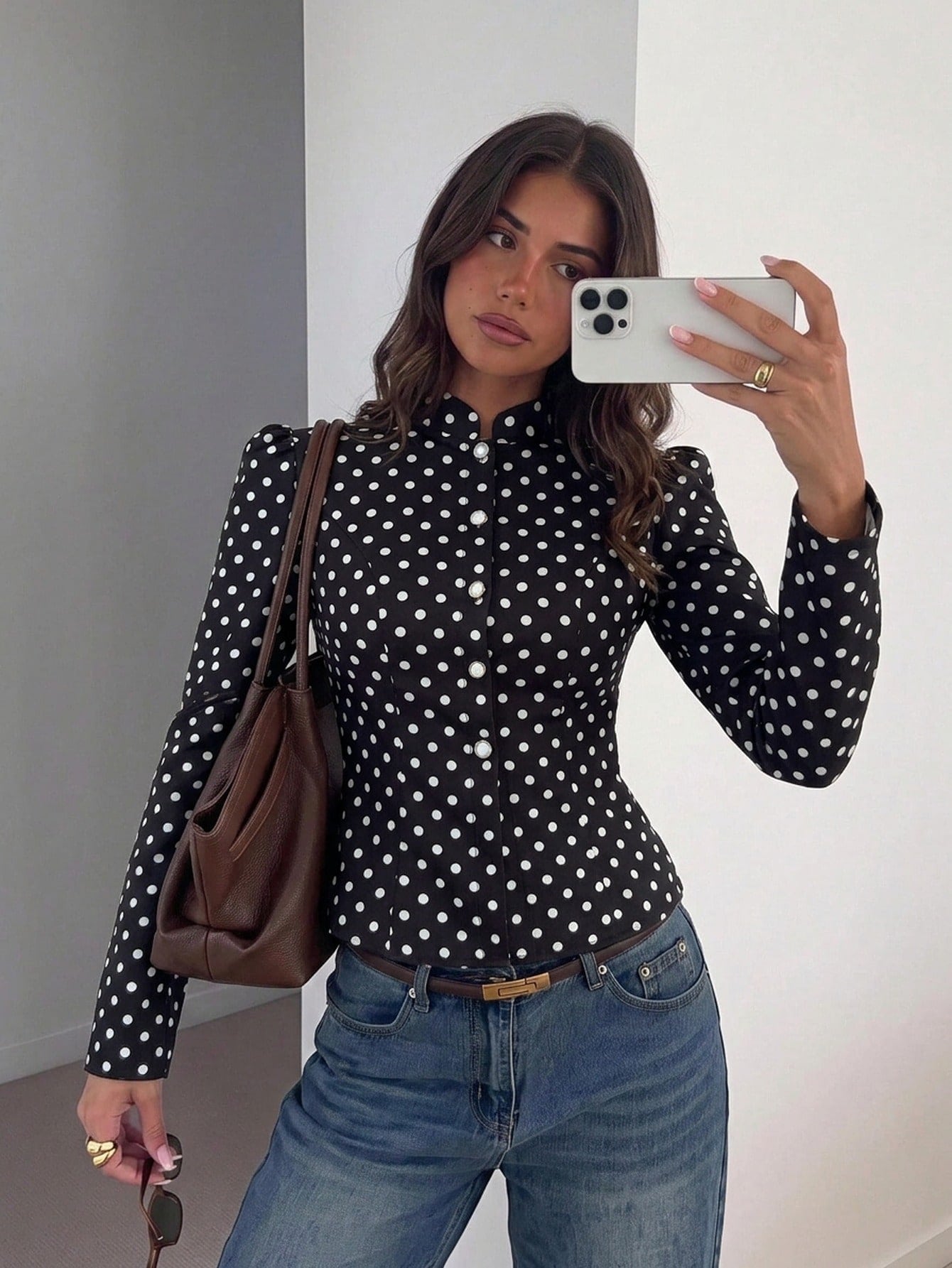 SHEIN Siren Gaze Women's Black And White Polka Dot Long Sleeve Stand Collar Front Button Short Jacket, Suitable For Casual Elegant, Work Office And Daily Wear Autumn