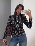 SHEIN Siren Gaze Women's Black And White Polka Dot Long Sleeve Stand Collar Front Button Short Jacket, Suitable For Casual Elegant, Work Office And Daily Wear Autumn