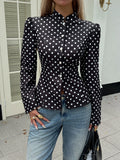 SHEIN Siren Gaze Women's Black And White Polka Dot Long Sleeve Stand Collar Front Button Short Jacket, Suitable For Casual Elegant, Work Office And Daily Wear Autumn