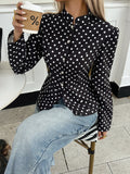SHEIN Siren Gaze Women's Black And White Polka Dot Long Sleeve Stand Collar Front Button Short Jacket, Suitable For Casual Elegant, Work Office And Daily Wear Autumn