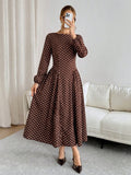 SHEIN Siren Gaze Women's French Fashion Brown And White Polka Dot Pleated Long Sleeve Dress Dinner Date Brunch Tea Party Day Party Holiday Autumn Elegant 1960s Vintage
