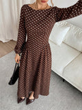 SHEIN Siren Gaze Women's French Fashion Brown And White Polka Dot Pleated Long Sleeve Dress Dinner Date Brunch Tea Party Day Party Holiday Autumn Elegant 1960s Vintage
