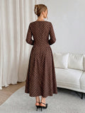 SHEIN Siren Gaze Women's French Fashion Brown And White Polka Dot Pleated Long Sleeve Dress Dinner Date Brunch Tea Party Day Party Holiday Autumn Elegant 1960s Vintage