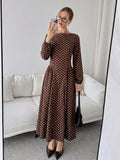 SHEIN Siren Gaze Women's French Fashion Brown And White Polka Dot Pleated Long Sleeve Dress Dinner Date Brunch Tea Party Day Party Holiday Autumn Elegant 1960s Vintage