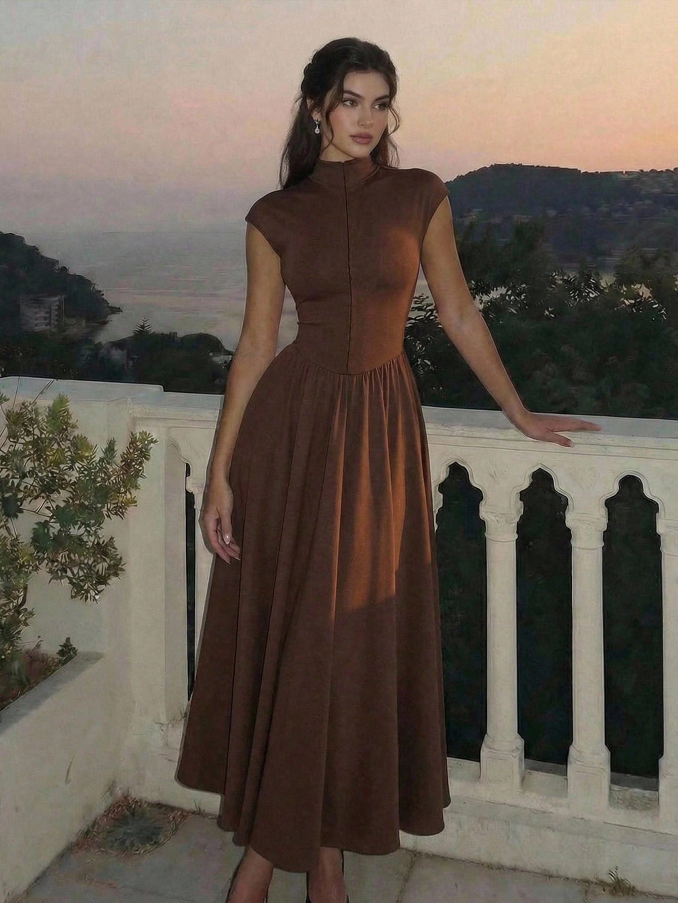 SHEIN Skyraze Women's Coffee Brown High Neck Long Knit Dress,Autumn Elegant Dinner Date,Wedding Guest Dress For Women,Valentine's Day,Tea Party Outfit,Birthday
