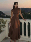 SHEIN Skyraze Women's Coffee Brown High Neck Long Knit Dress,Autumn Elegant Dinner Date,Wedding Guest Dress For Women,Valentine's Day,Tea Party Outfit,Birthday