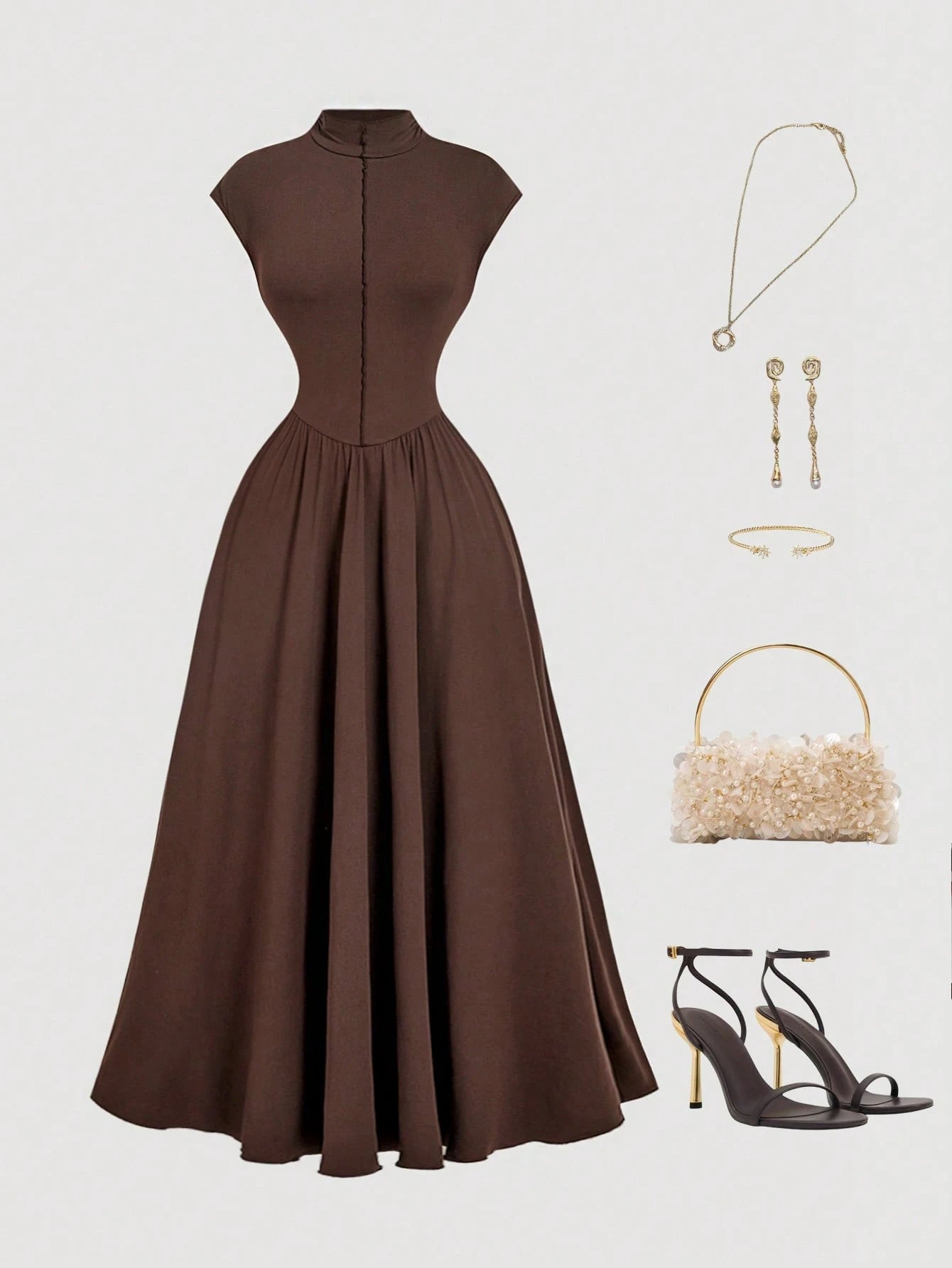 SHEIN Skyraze Women's Coffee Brown High Neck Long Knit Dress,Autumn Elegant Dinner Date,Wedding Guest Dress For Women,Valentine's Day,Tea Party Outfit,Birthday