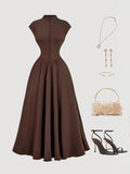SHEIN Skyraze Women's Coffee Brown High Neck Long Knit Dress,Autumn Elegant Dinner Date,Wedding Guest Dress For Women,Valentine's Day,Tea Party Outfit,Birthday