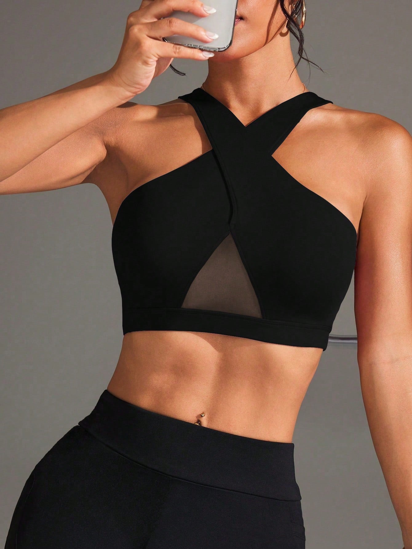 SHEIN Slayform Solid Color Mesh Patchwork Criss-Cross Wrap Sports Bra