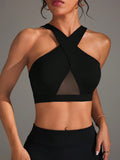 SHEIN Slayform Solid Color Mesh Patchwork Criss-Cross Wrap Sports Bra