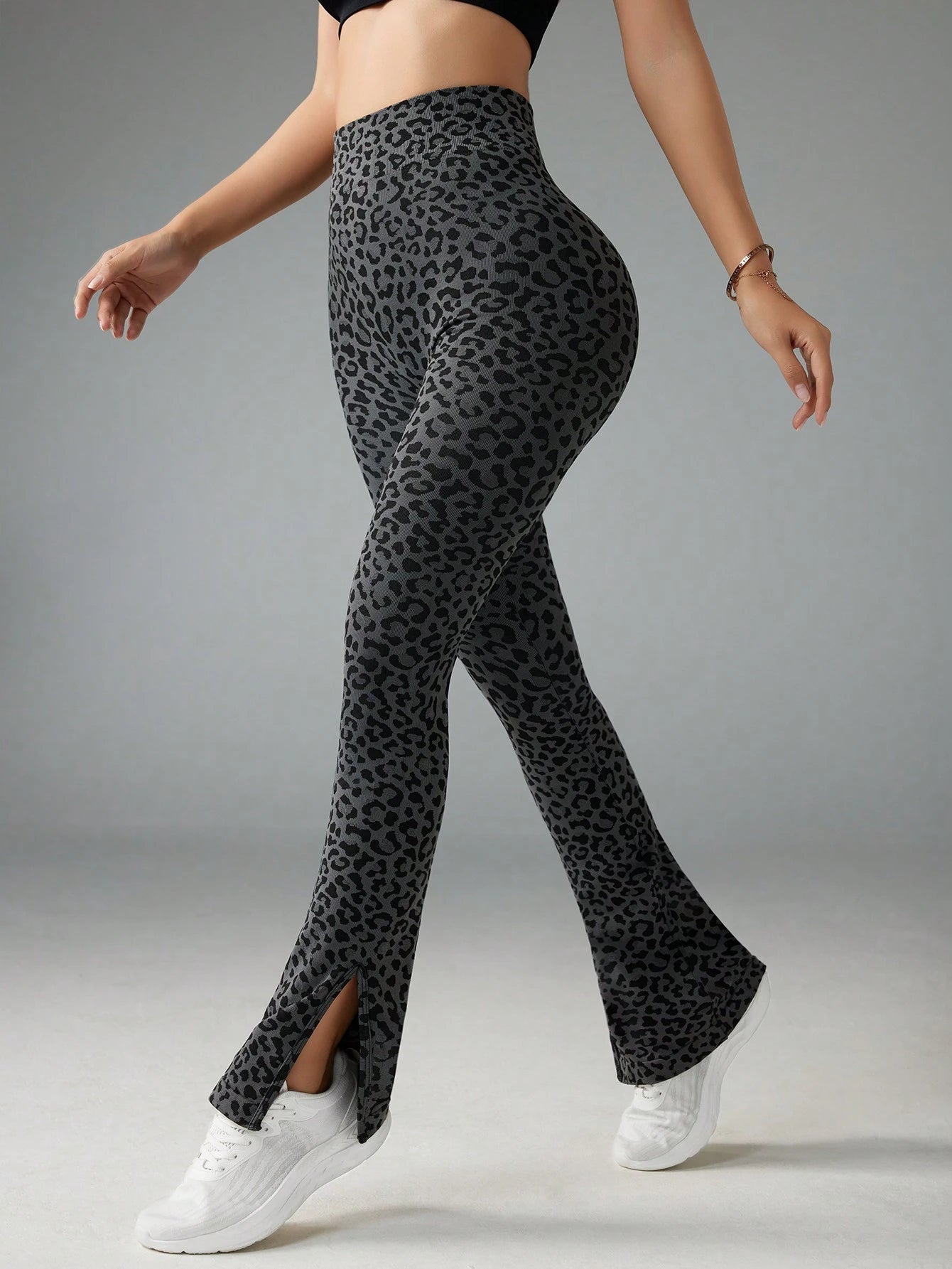 SHEIN Slayoga Women's Leopard Print Split Hem Sport Yoga Workout Leggings