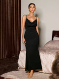 SHEIN Slumberist Women's Sexy Solid Color Spaghetti Strap Draped Neck Backless Lace Patchwork Fishtail Dress , Long Night Wear Women Sexy Sleep Lace Back Dress