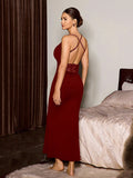 SHEIN Slumberist Women's Sexy Solid Color Spaghetti Strap Draped Neck Backless Lace Patchwork Mermaid Dress Open Back Dress Burgundy Dress