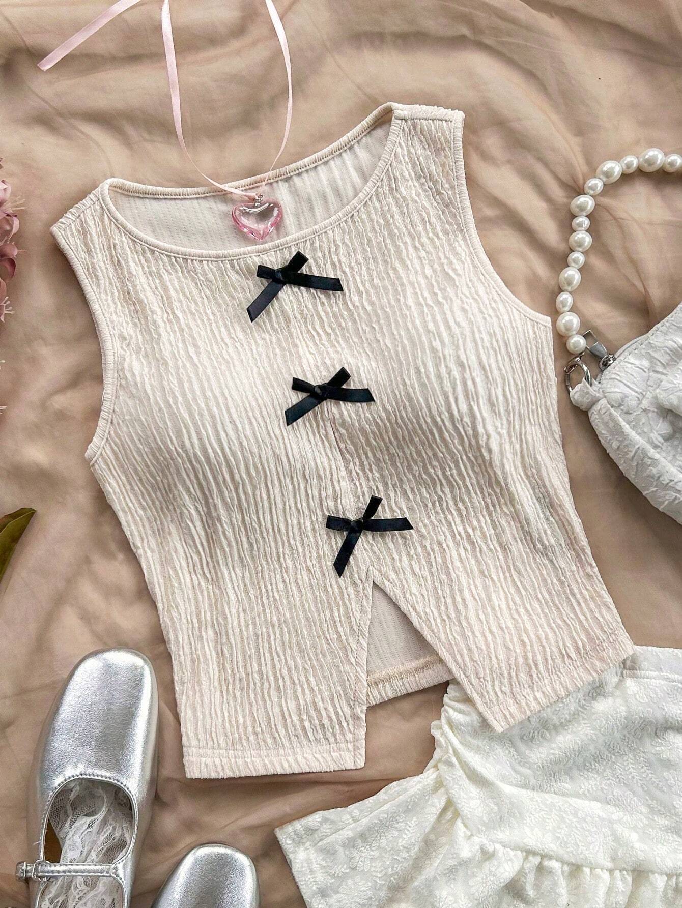  | SHEIN Soleia Women Round Neck Casual Color Block Bowknot Split Back Sleeveless Top | T-shirt | Shein | OneHub