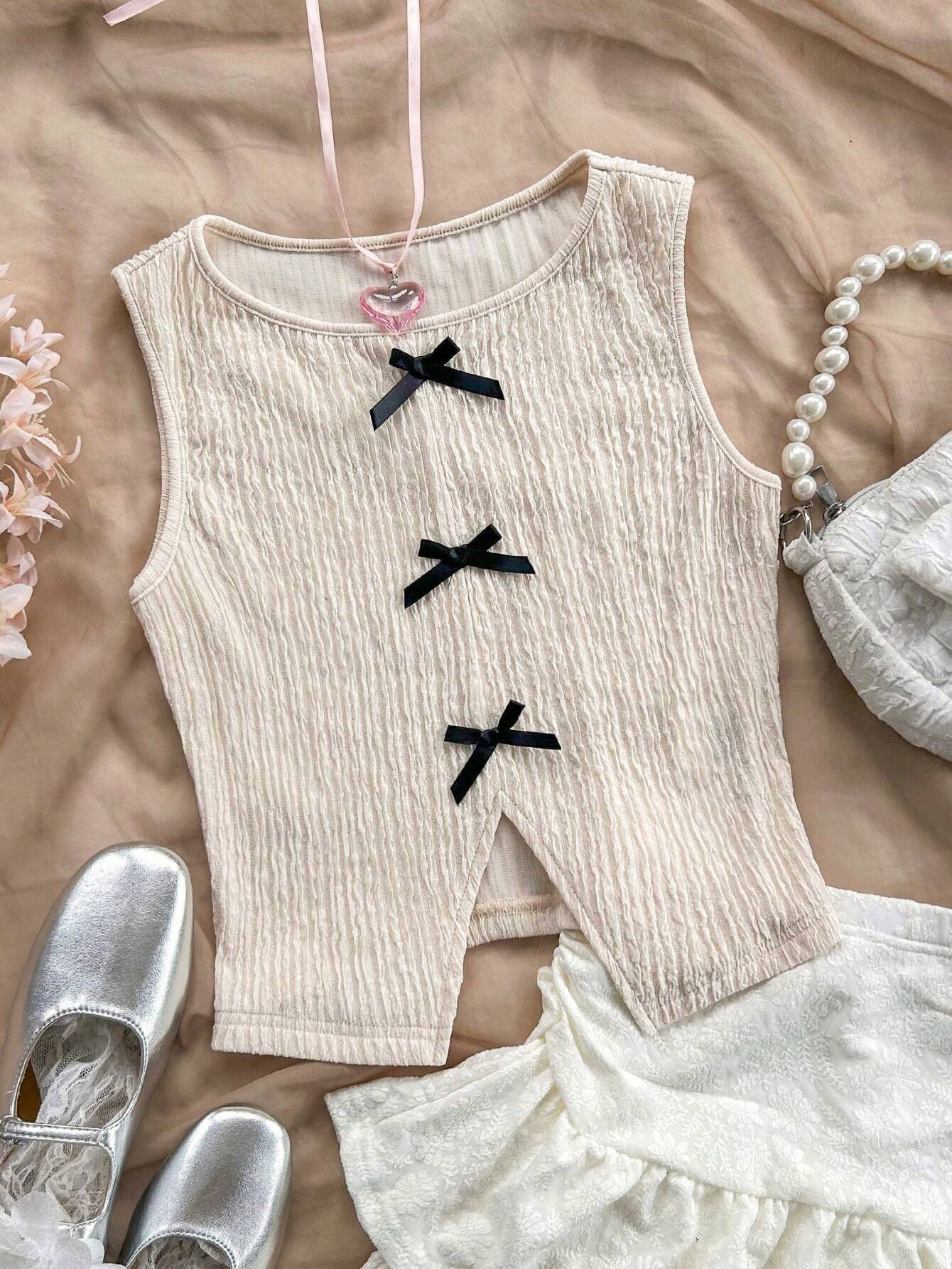  | SHEIN Soleia Women Round Neck Casual Color Block Bowknot Split Back Sleeveless Top | T-shirt | Shein | OneHub