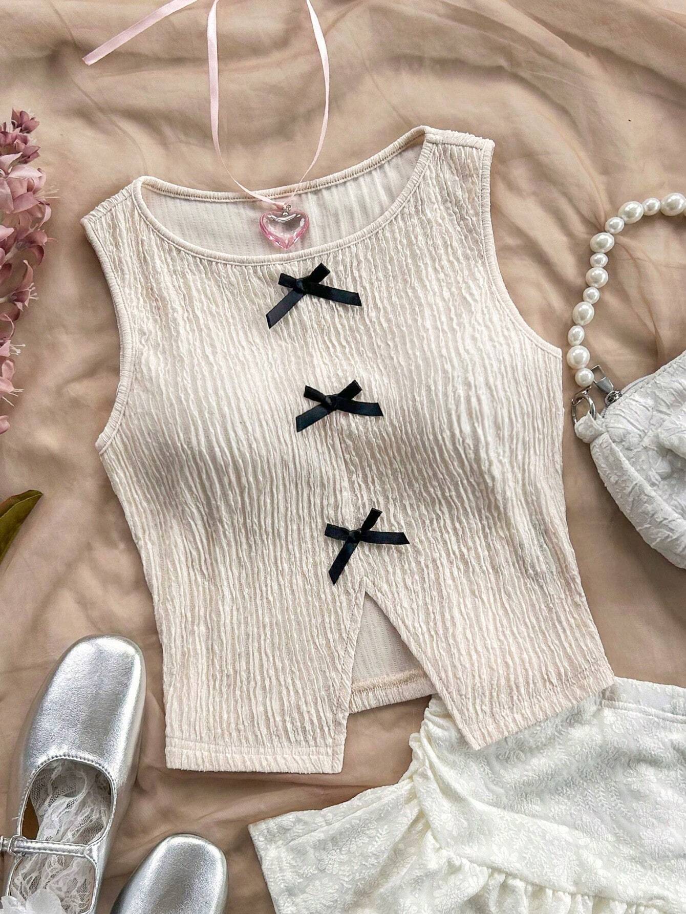  | SHEIN Soleia Women Round Neck Casual Color Block Bowknot Split Back Sleeveless Top | T-shirt | Shein | OneHub