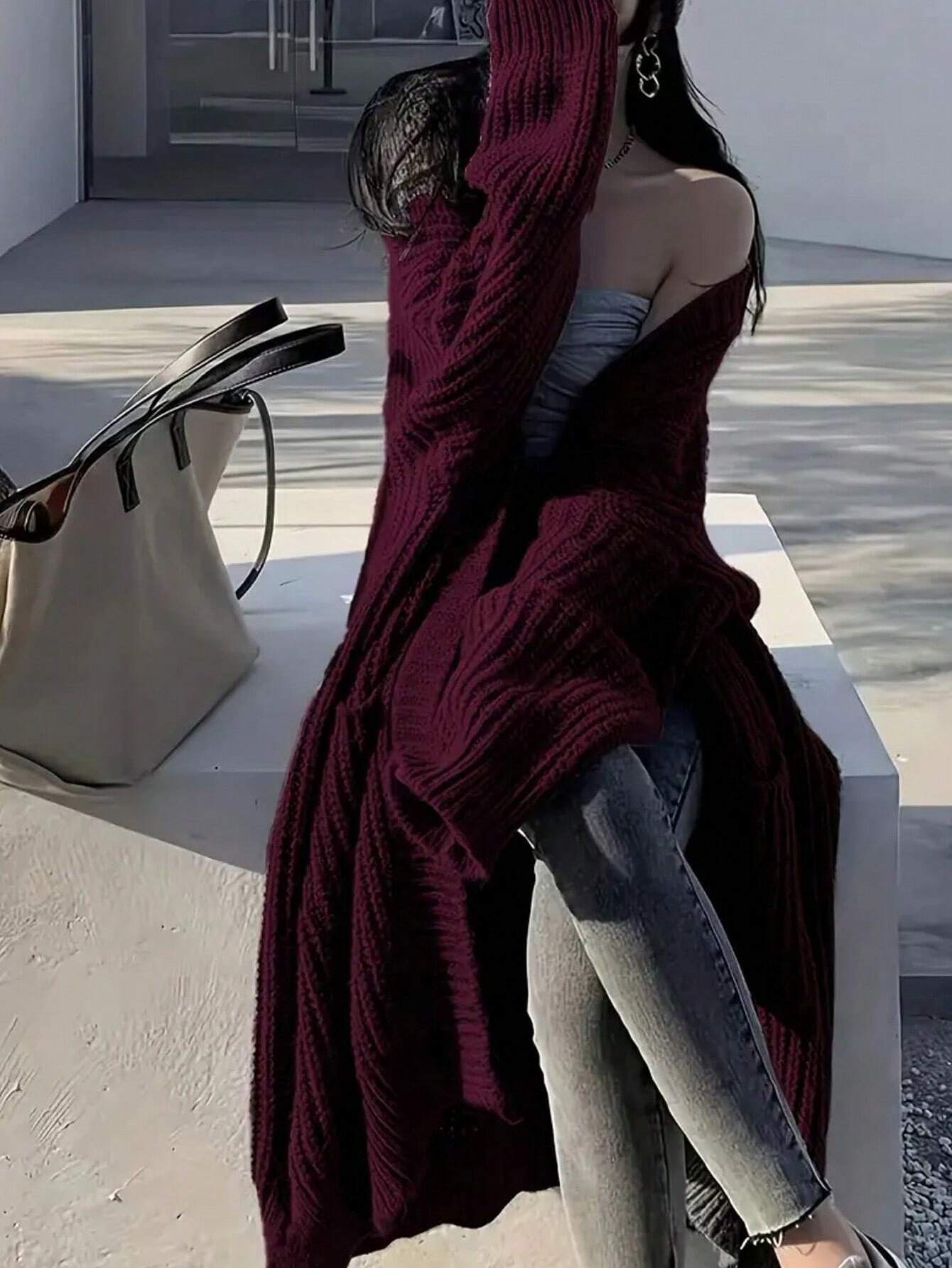  | SHEIN Solid Open Front Loose Knit Cardigan, Casual Long Sleeve Long Length Sweater With Pocket, Women's Clothing | Sweater | Shein | OneHub