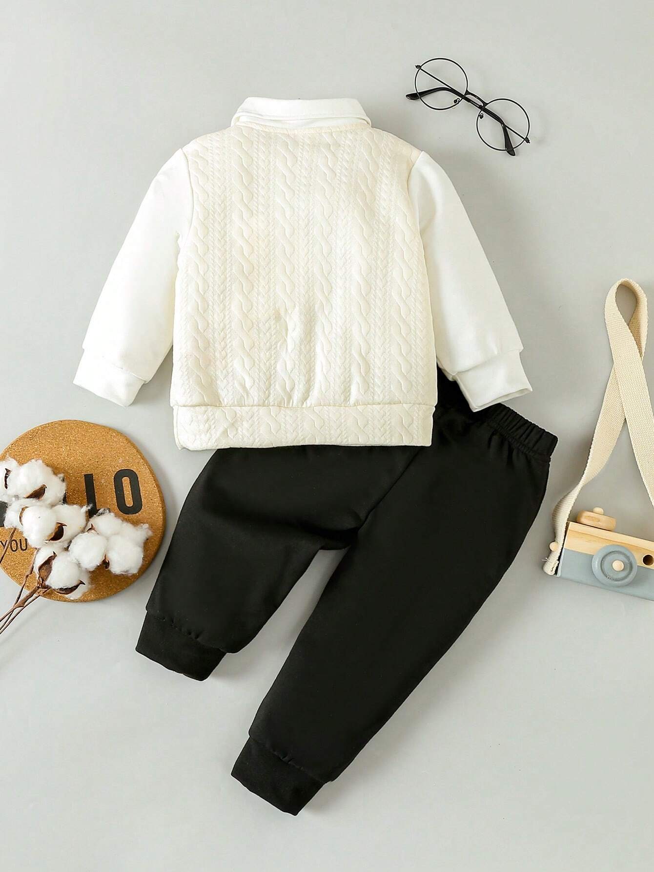  | SHEIN Souflis Baby Boys' Button Closure Long Sleeve 2-In-1 Sweatshirt And Pants With Detachable Bow Tie, Gentleman Style Academy Outfits, 3pcs/Set | Dress | Shein | OneHub