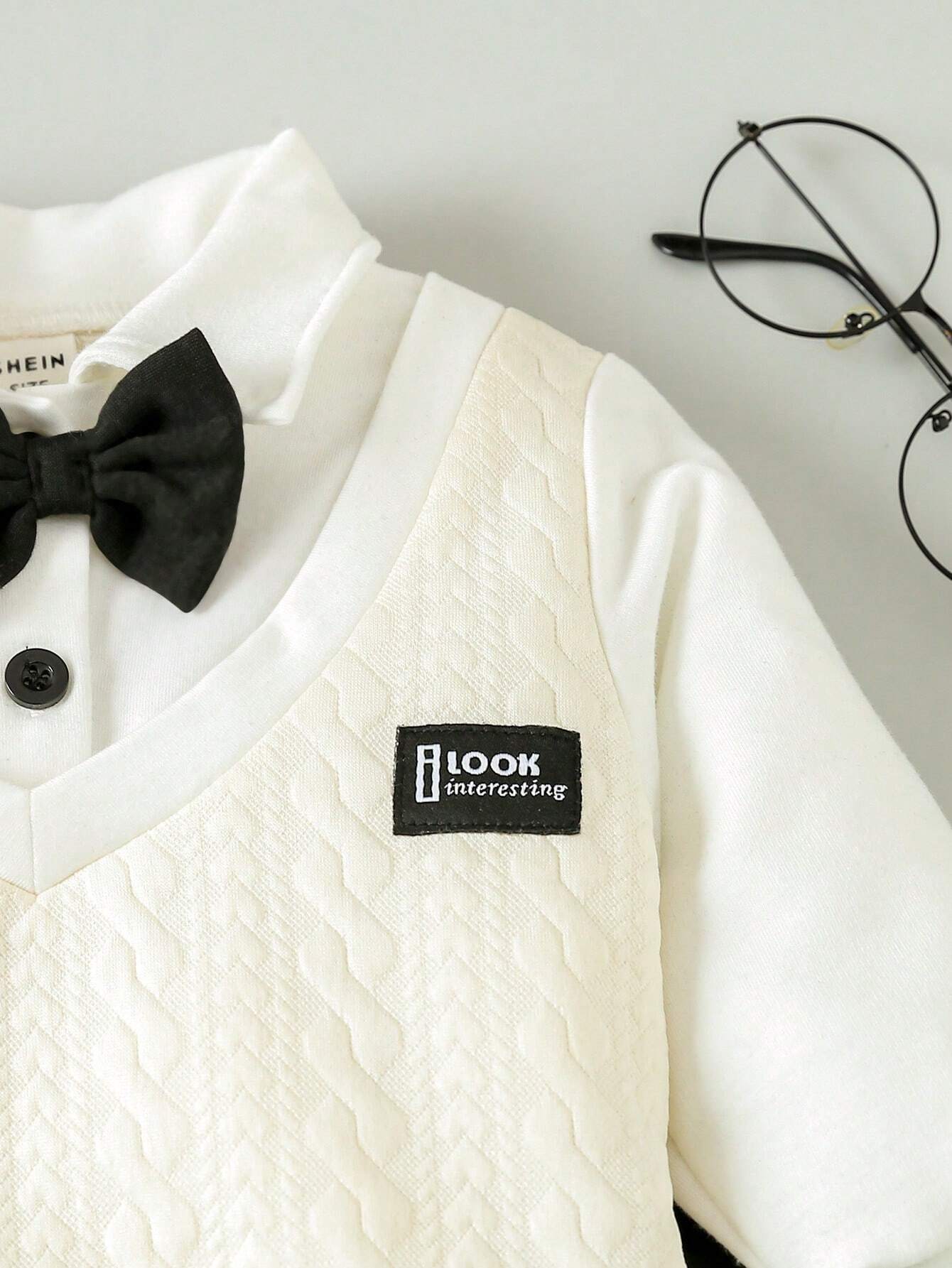  | SHEIN Souflis Baby Boys' Button Closure Long Sleeve 2-In-1 Sweatshirt And Pants With Detachable Bow Tie, Gentleman Style Academy Outfits, 3pcs/Set | Dress | Shein | OneHub