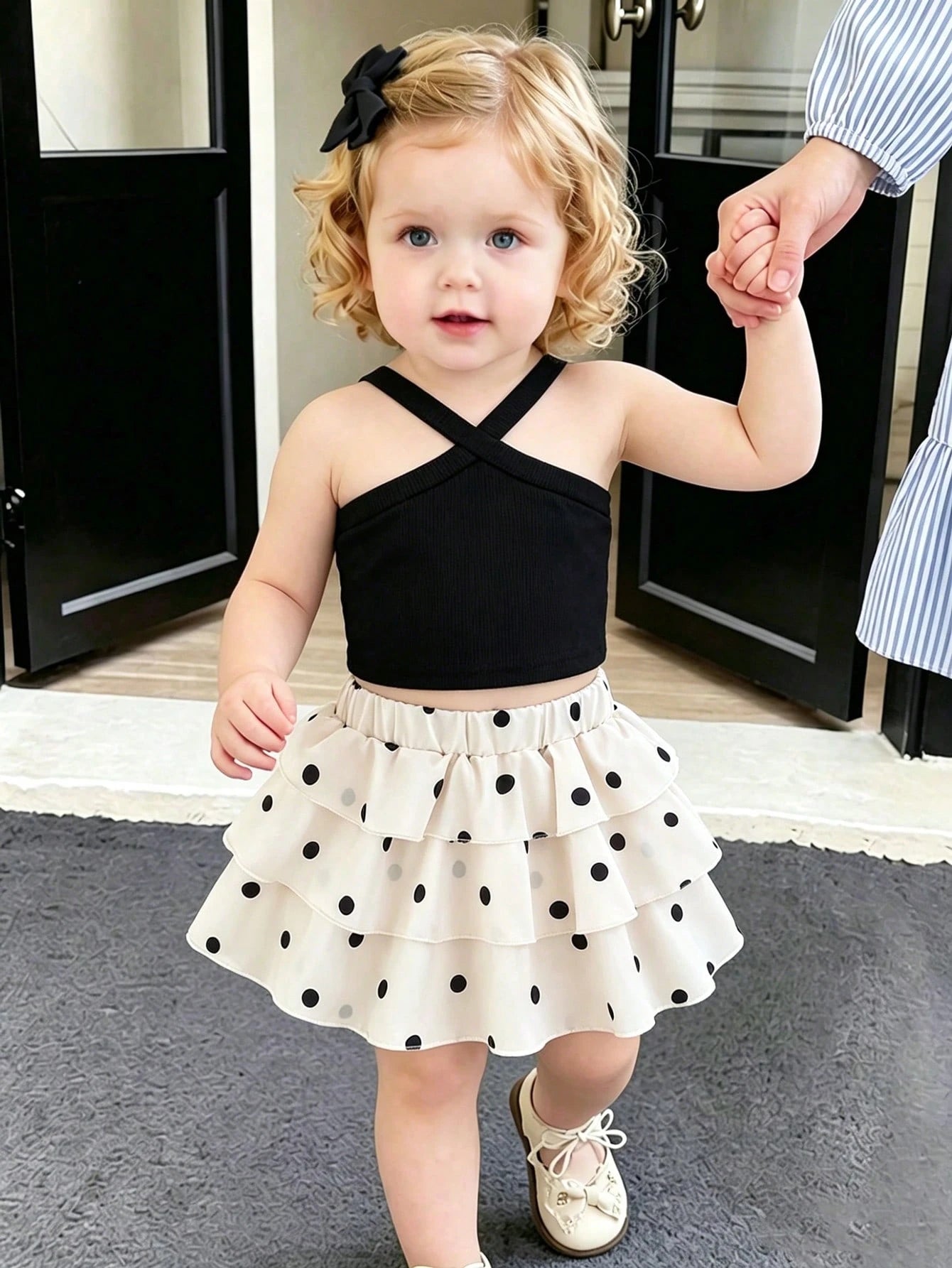 SHEIN Souflis Souflis 2026 Summer New Girls Black And White Polka Dot Cake Dress Set, Cross Strap Design Sweet Cool Style 2 Pieces Set, Baby Girl Korean Style Fashionable Vacation Princess Dress