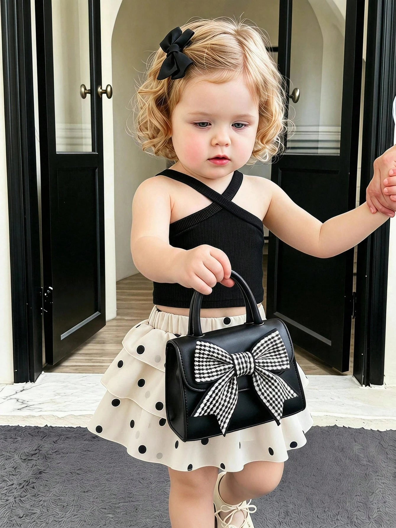 SHEIN Souflis Souflis 2026 Summer New Girls Black And White Polka Dot Cake Dress Set, Cross Strap Design Sweet Cool Style 2 Pieces Set, Baby Girl Korean Style Fashionable Vacation Princess Dress
